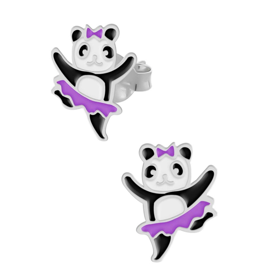 Kids Collectie WeLoveSilver | Zilveren Oorstekers, Dansende Panda Met Paars Rokje