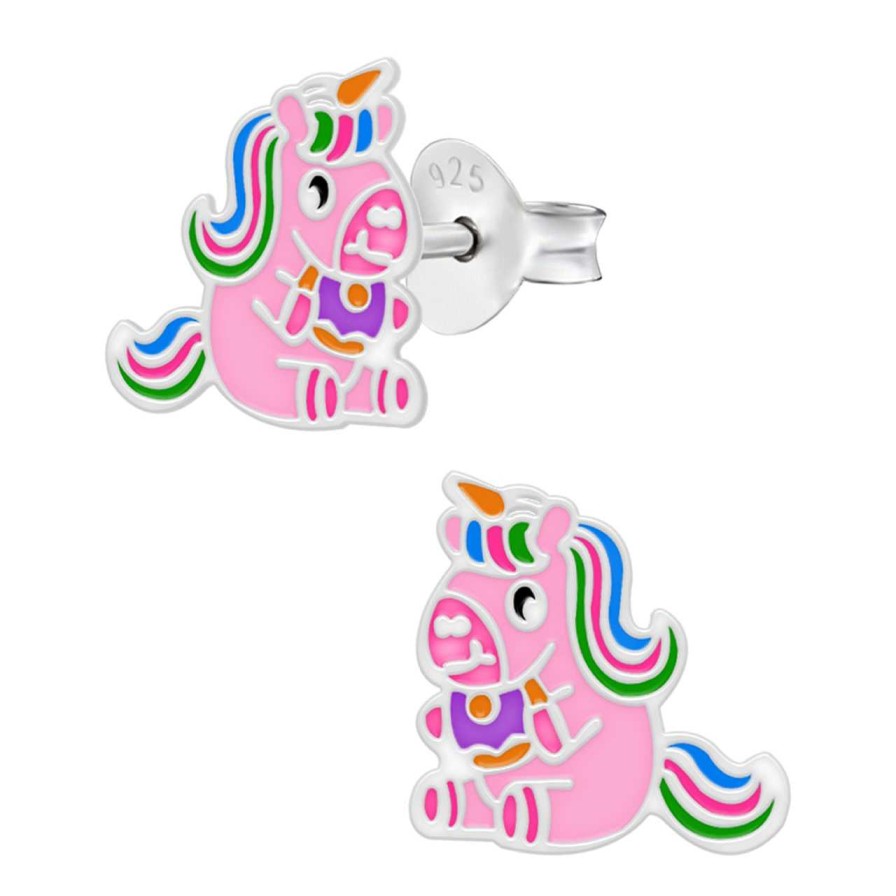 Kids Collectie WeLoveSilver | Zilveren Oorstekers, Roze Eenhoorn Met Regenboogmanen En Staart