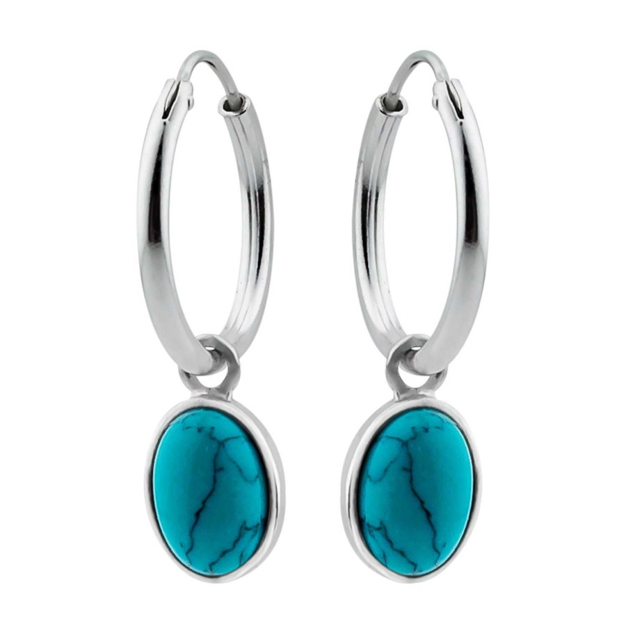 Oorbellen WeLoveSilver | Zilveren Oorringen Met Hanger, Ovale Turquoise Steen Met Zilveren Rand