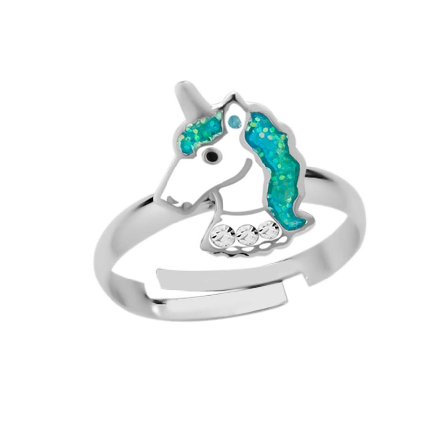 Kids Collectie WeLoveSilver | Zilveren Ring Met Eenhoornhoofd, Turquoise Glittermanen