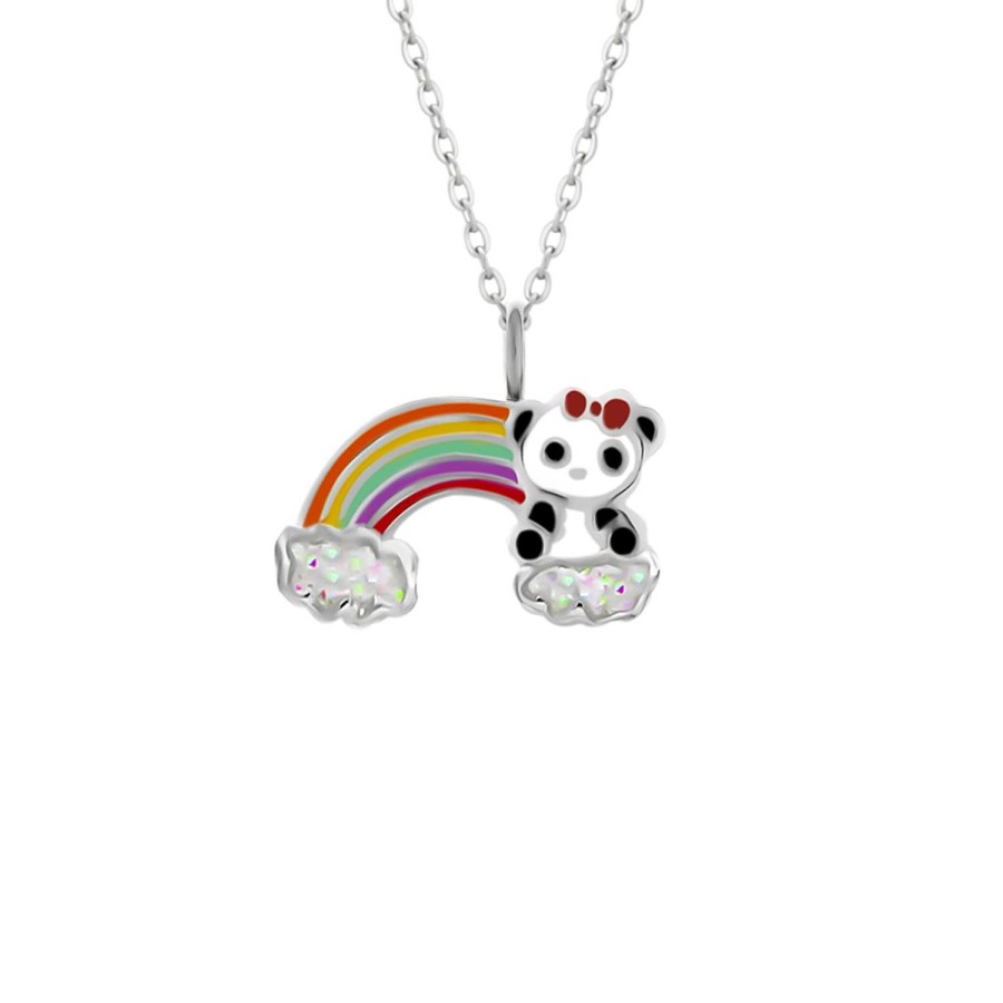 Kids Collectie WeLoveSilver | Zilveren Ketting Met Hanger, Panda Met Glitterwolken En Regenboog