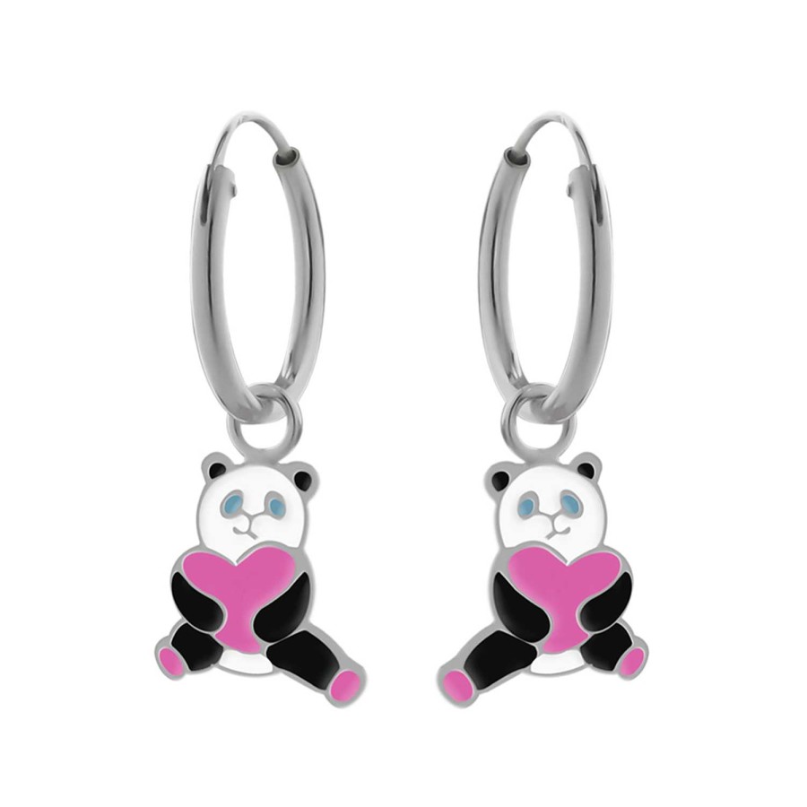 Kids Collectie WeLoveSilver | Zilveren Oorringen Met Hanger, Panda Met Hart