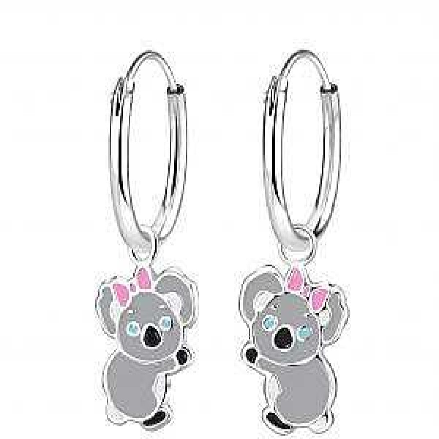 Kids Collectie WeLoveSilver | Zilveren Oorringen Met Hanger, Koala Met Roze Strik