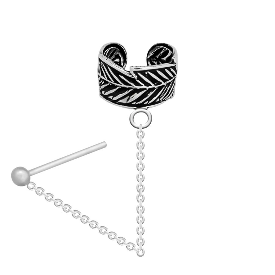 Oorbellen WeLoveSilver | Zilveren Ear Cuff, Blad Met Chain