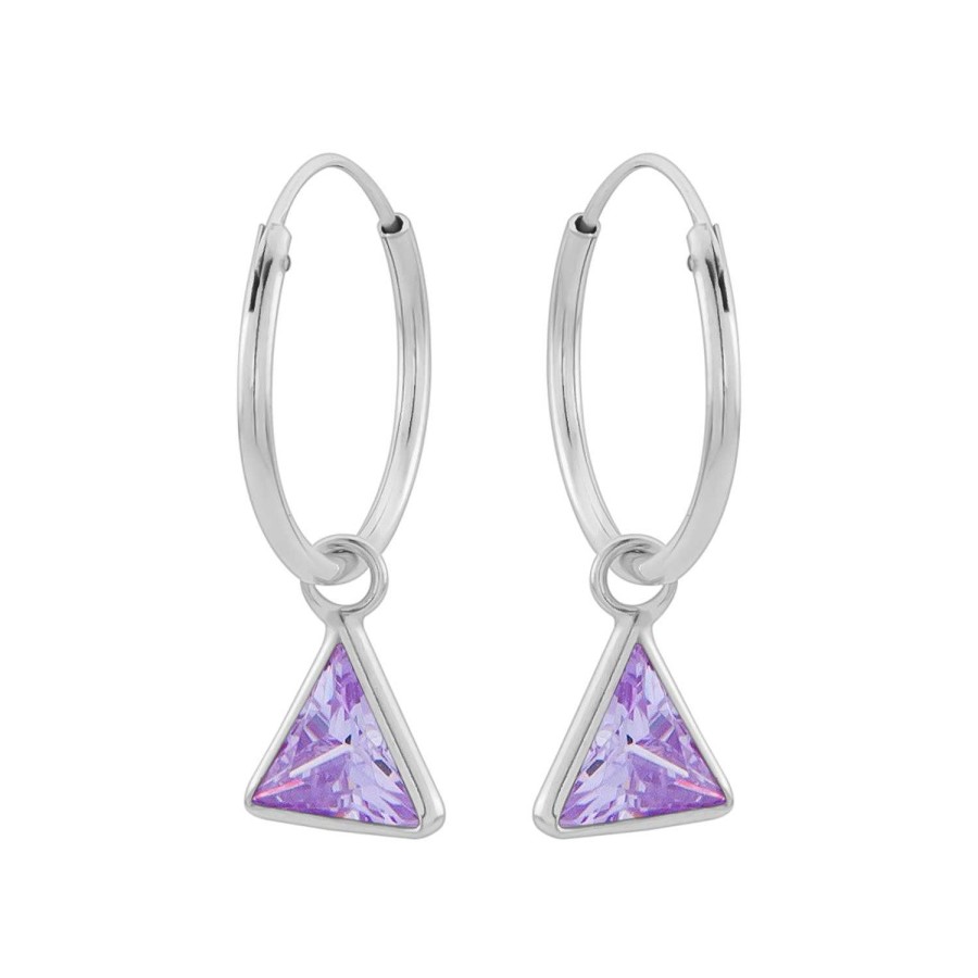 Oorbellen WeLoveSilver | Zilveren Oorringen Met Hanger, Driehoekvormige Cubic Zirkonia Steen Kleur Lavendel