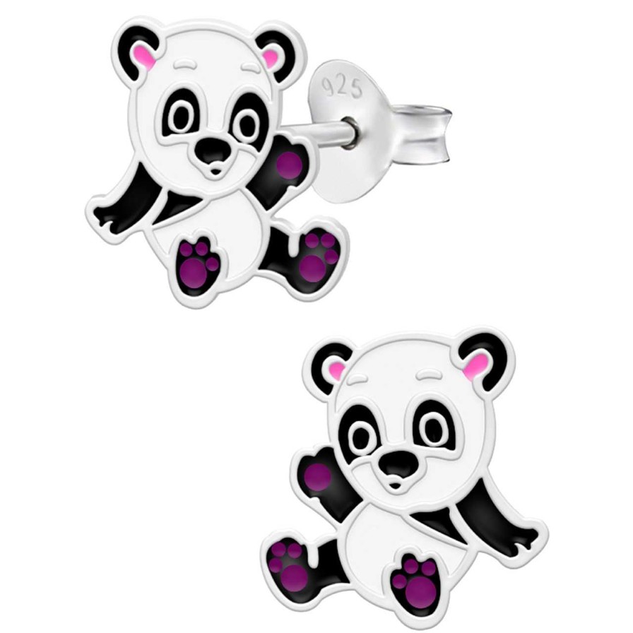 Kids Collectie WeLoveSilver | Zilveren Oorstekers, Vrolijke Panda Met Paarse Voetjes