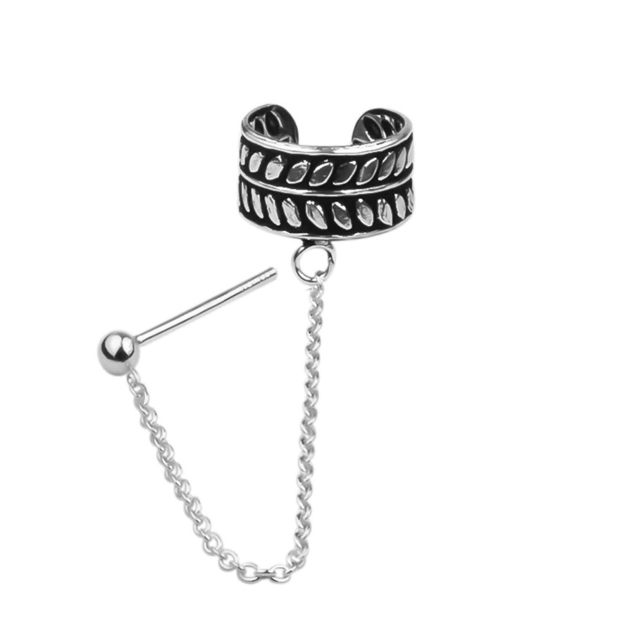 Oorbellen WeLoveSilver | Zilveren Ear Cuff, Blad Design Met Chain