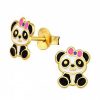 Kids Collectie WeLoveSilver | Gold Plated Oorstekers, Panda Met Roze Strik