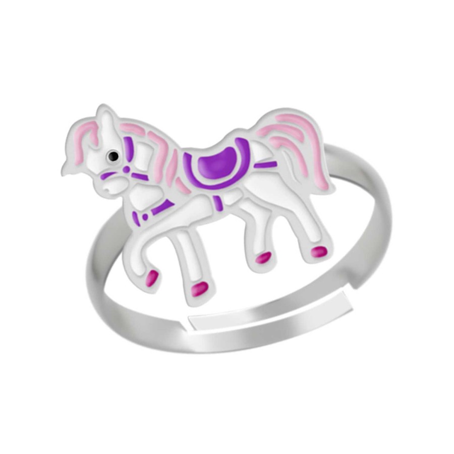 Kids Collectie WeLoveSilver | Zilveren Ring, Paard Met Roze Manen En Paars Zadel