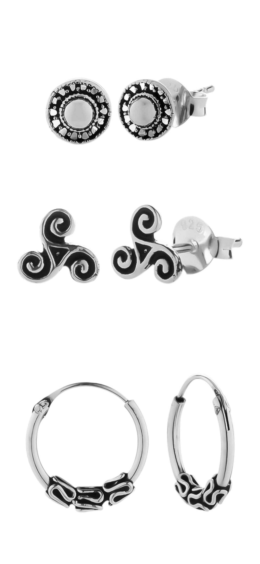 Oorbellen WeLoveSilver | Zilveren Oorbellen Set, Triskele, Bali Hoop En Versierd Knopje