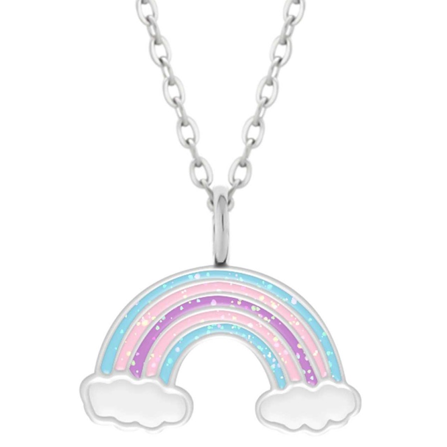 Kids Collectie WeLoveSilver | Zilveren Ketting Met Hanger, Regenboog Met Glitters En Wolkjes