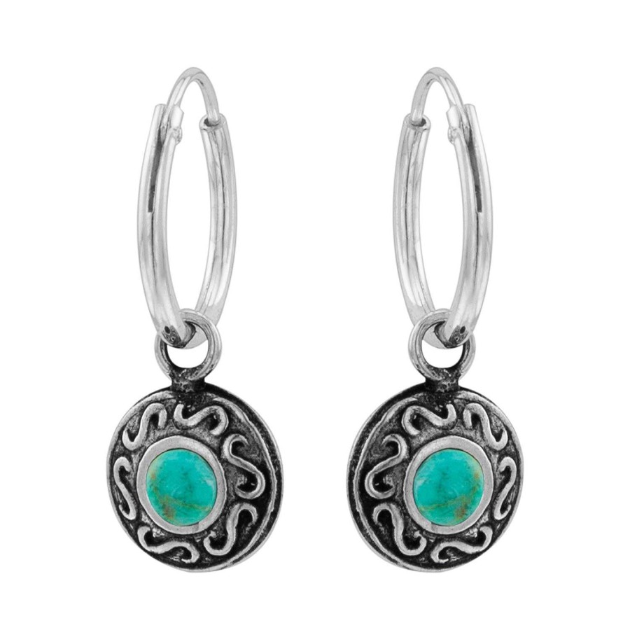 Oorbellen WeLoveSilver | Zilveren Oorringen Met Hanger, Bewerkte Cirkel Met Turquoise Steen