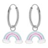 Kids Collectie WeLoveSilver | Zilveren Oorringen Met Hanger, Regenboog In Blauw, Roze En Paars Met Wolkjes En Glitter