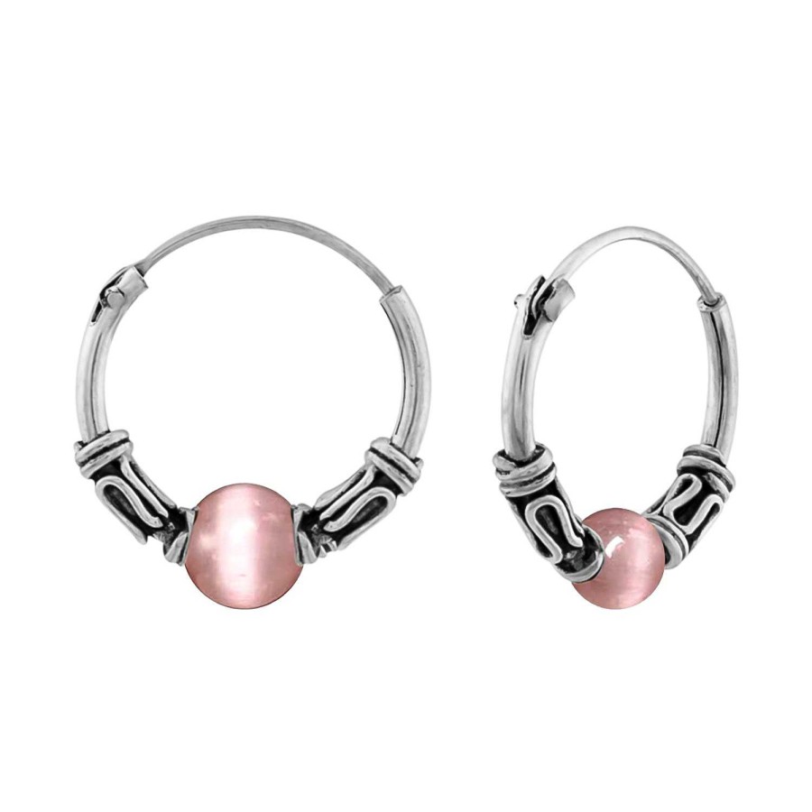 Oorbellen WeLoveSilver | Zilveren Oorringen, Bali Hoops Met Pink Cat Eye Steen