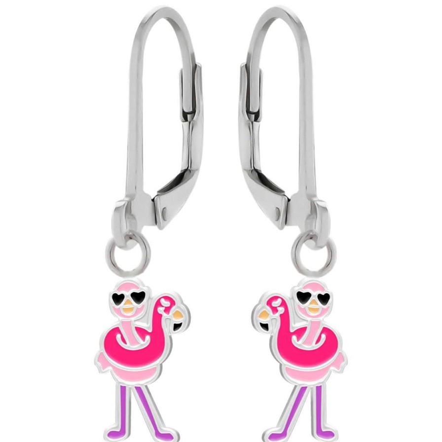 Kids Collectie WeLoveSilver | Zilveren Oorhangers, Flamingo Met Zwemband En Hartjes Zonnebril