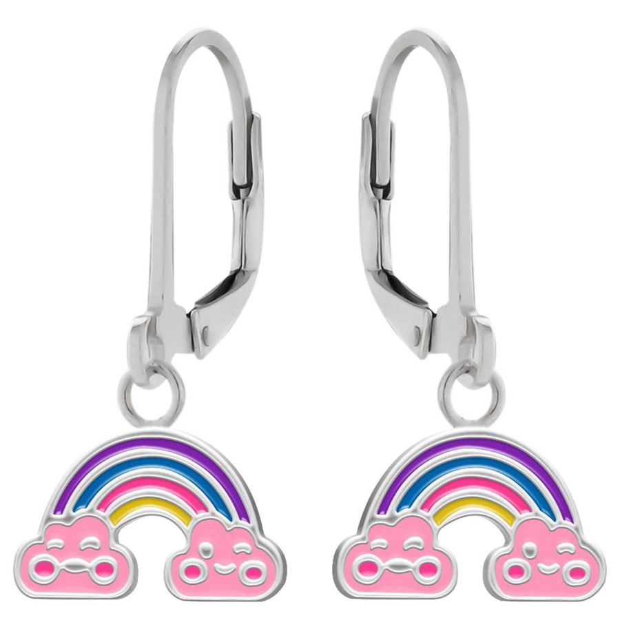 Kids Collectie WeLoveSilver | Zilveren Oorhangers, Regenbogen Met Vrolijke Wolkjes