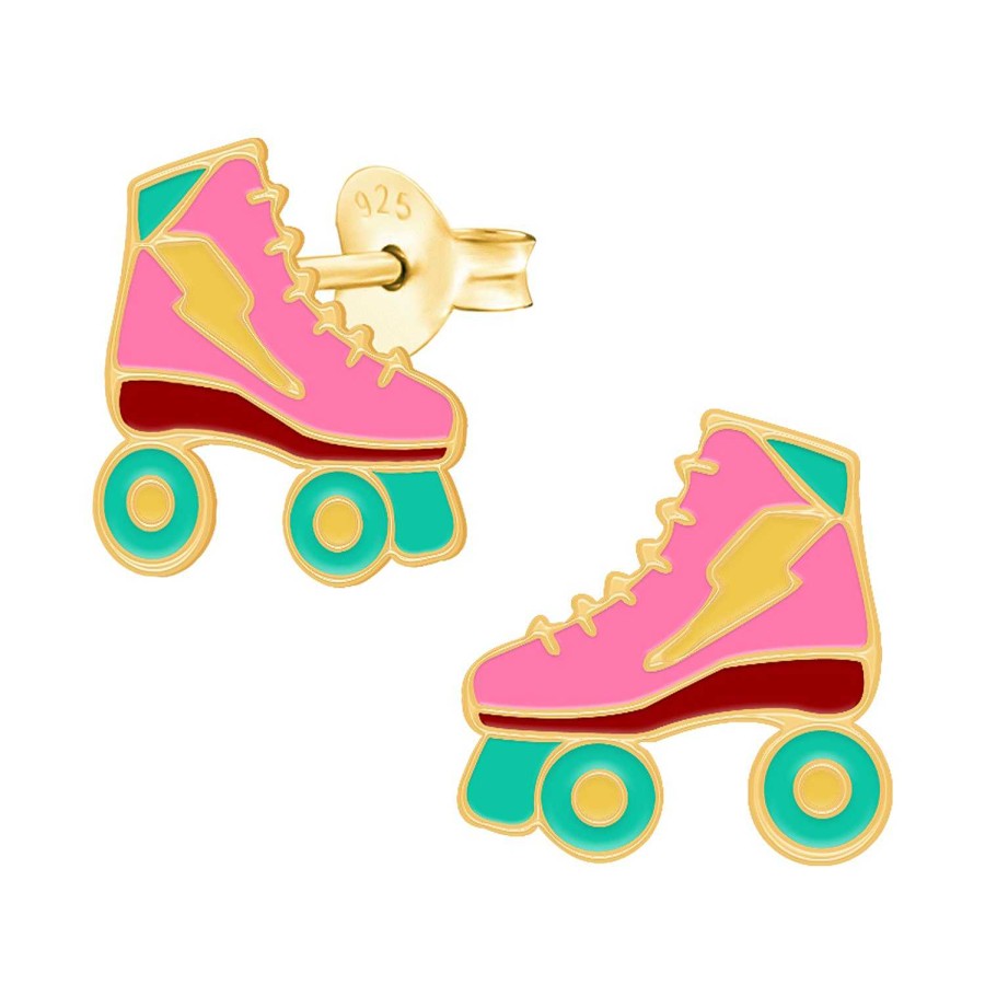 Kids Collectie WeLoveSilver | Gold Plated Oorstekers, Rolschaats Met Bliksemschicht