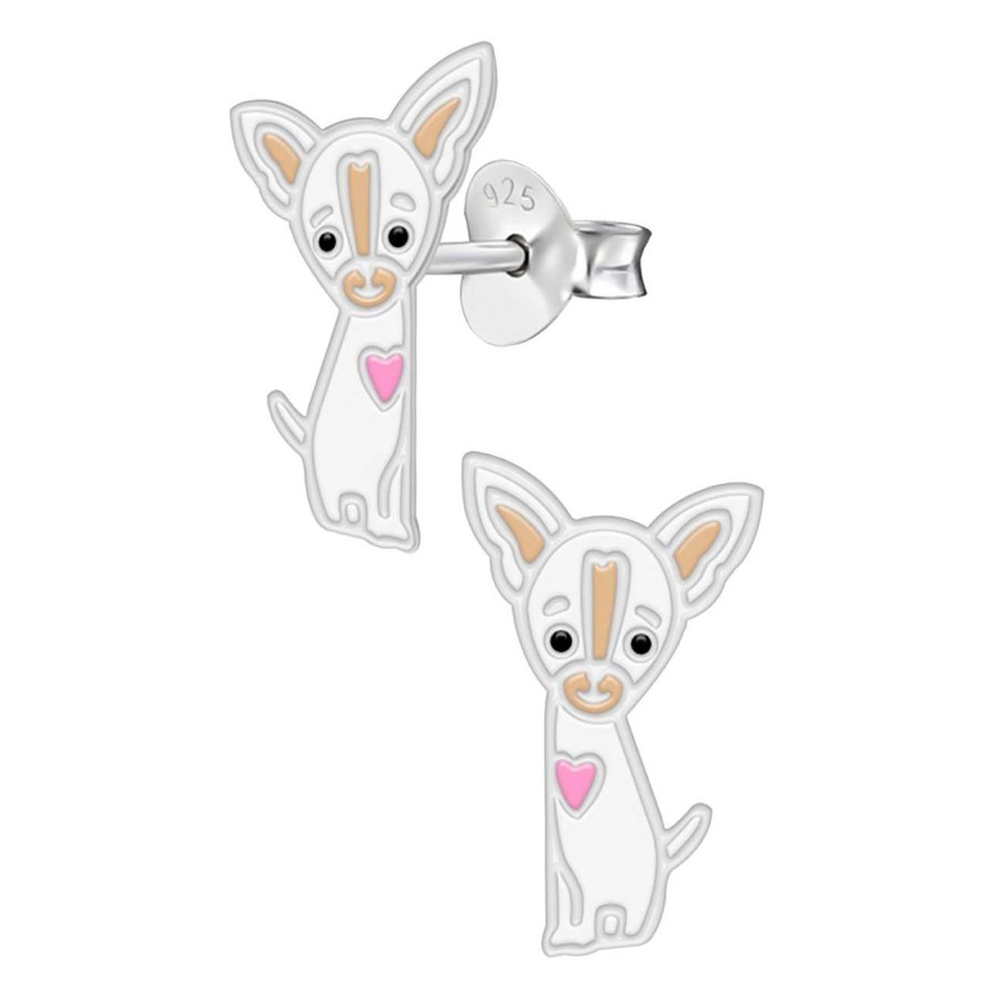 Kids Collectie WeLoveSilver | Zilveren Oorstekers, Witte Chihuahua Met Hartje Op De Borst