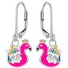 Kids Collectie WeLoveSilver | Zilveren Oorhangers, Eenhoorn Kat Met Kristalogen Op Opblaasbare Flamingo