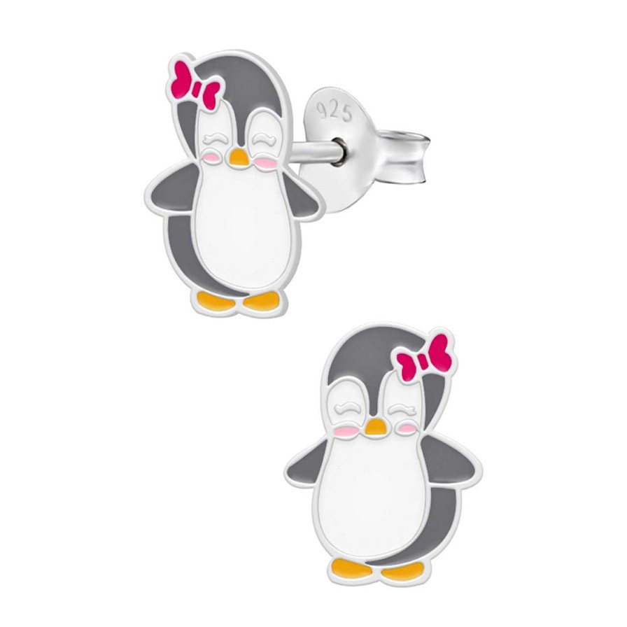 Kids Collectie WeLoveSilver | Zilveren Oorstekers, Pingu N Met Rozerood Strikje