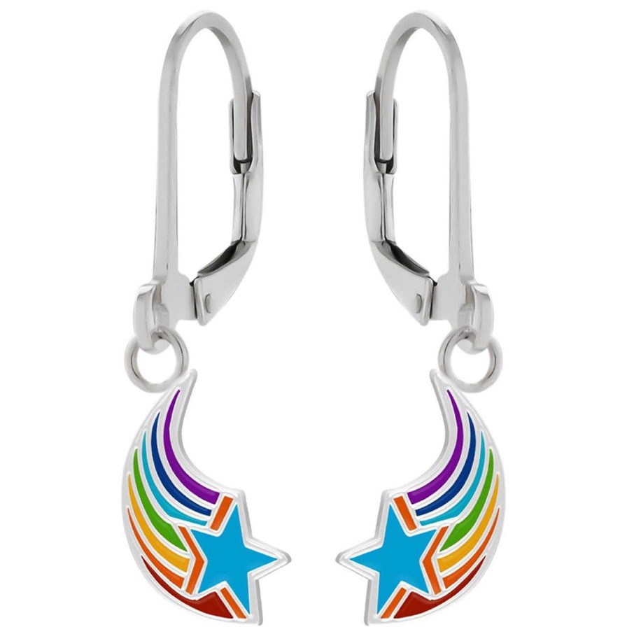 Kids Collectie WeLoveSilver | Zilveren Oorhangers, Vallende Ster Met Regenboog Kleuren