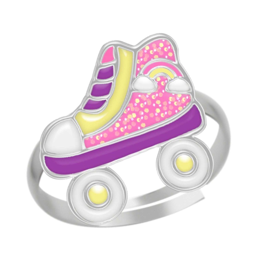 Kids Collectie WeLoveSilver | Zilveren Ring, Rolschaats In Pastelkleuren Met Regenboog En Glitters