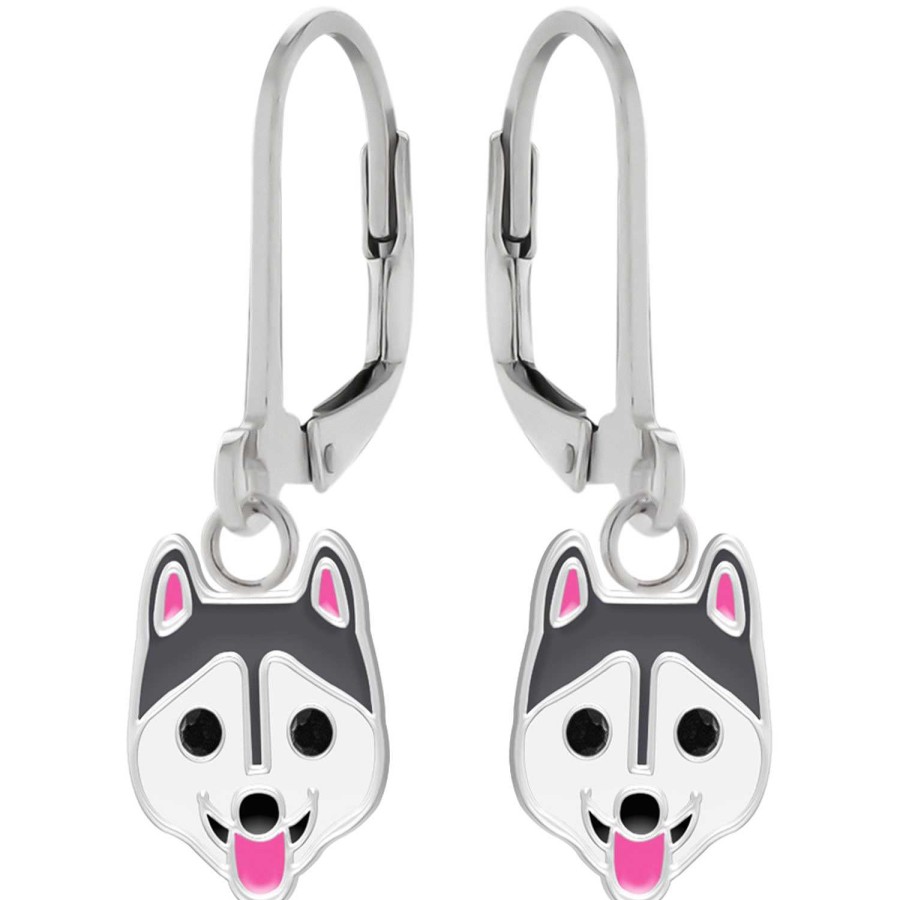 Kids Collectie WeLoveSilver | Zilveren Oorhangers, Husky Kop Met Zwarte Onyx Ogen