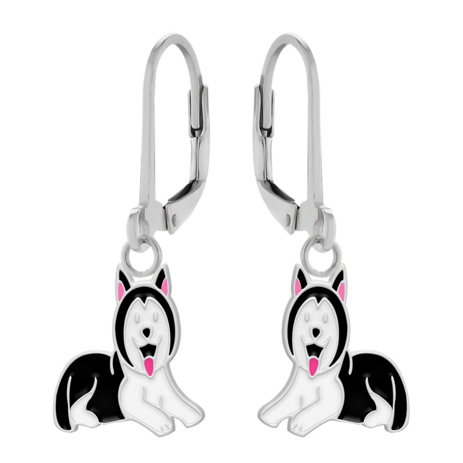 Kids Collectie WeLoveSilver | Zilveren Oorhangers Met Hanger, Zwarte Husky