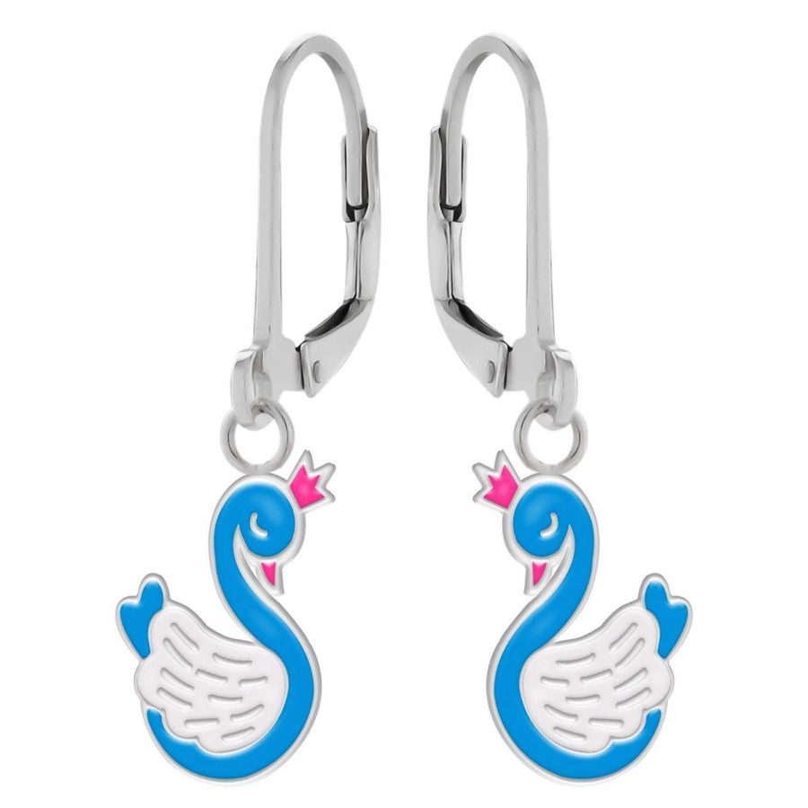 Kids Collectie WeLoveSilver | Zilveren Oorhangers, Blauwe Zwaan Met Roze Kroontje