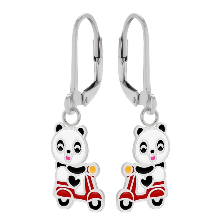 Kids Collectie WeLoveSilver | Zilveren Oorhangers, Panda Op Rode Scooter