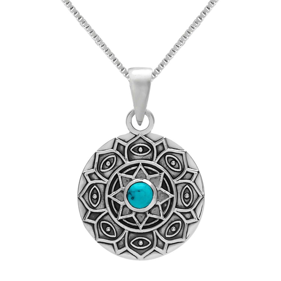 Kettingen WeLoveSilver | Zilveren Ketting Met Hanger, Bewerkte Cirkel Met Turquoise Steen En Patroon