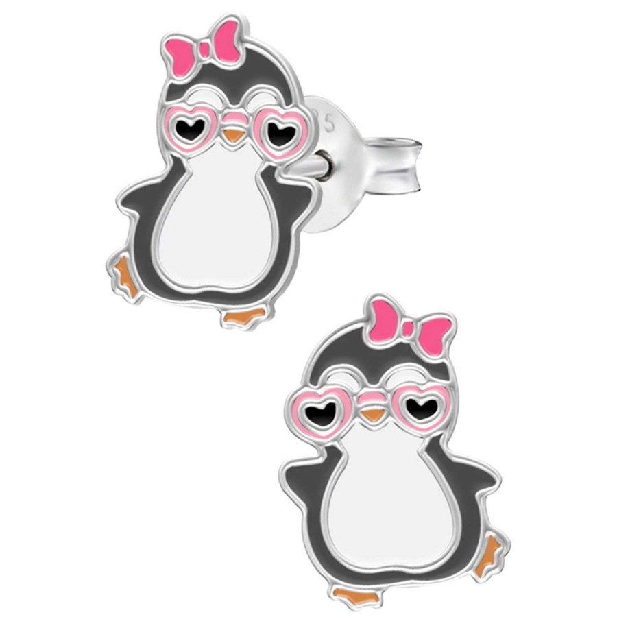 Kids Collectie WeLoveSilver | Zilveren Oorstekers, Vrolijke Pinguin Met Hartjeszonnebril En Strikje