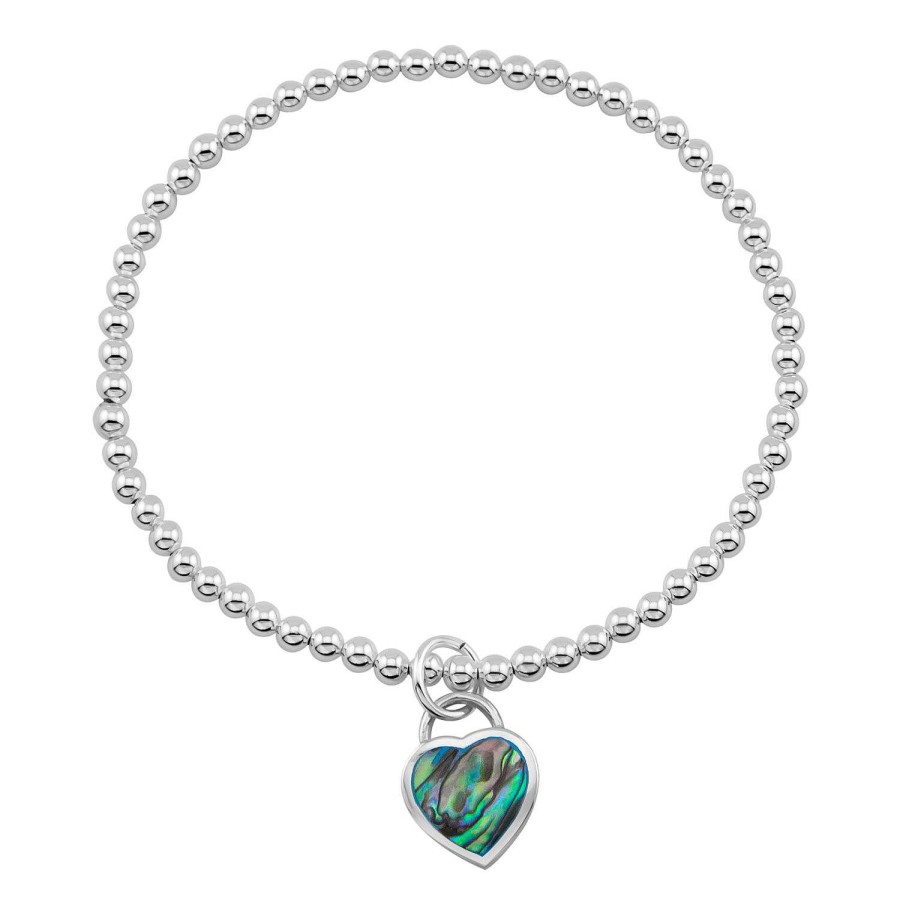 Armbanden WeLoveSilver | Zilveren Armband Van Elastiek Met Zilveren Bolletjes En Hanger Abalone Hart