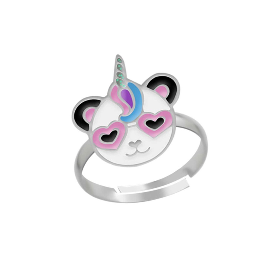 Kids Collectie WeLoveSilver | Zilveren Ring, Panda-Eenhoorn Met Roze Hartjesbril