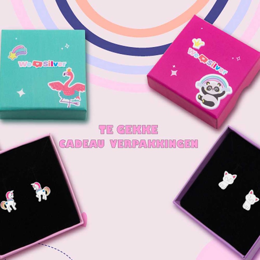 Kids Collectie WeLoveSilver | Gold Plated Oorstekers, Cupcake In Regenboog Kleuren En Hartje