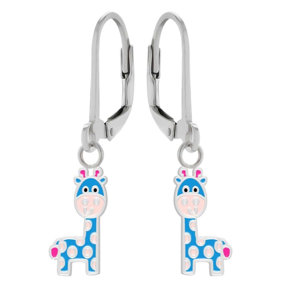 Kids Collectie WeLoveSilver | Zilveren Oorhangers, Blauwe Giraf Met Roze Vlekken