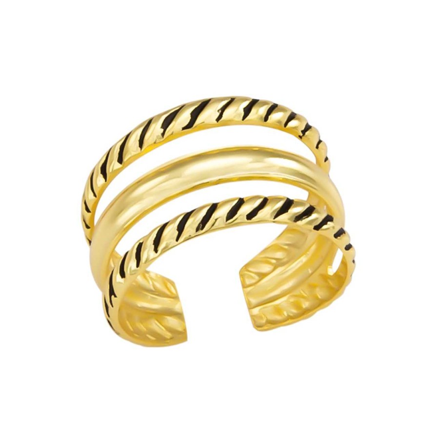 Ringen WeLoveSilver | Gold Plated Teenring, Drie Banden Met Geoxideerde Details