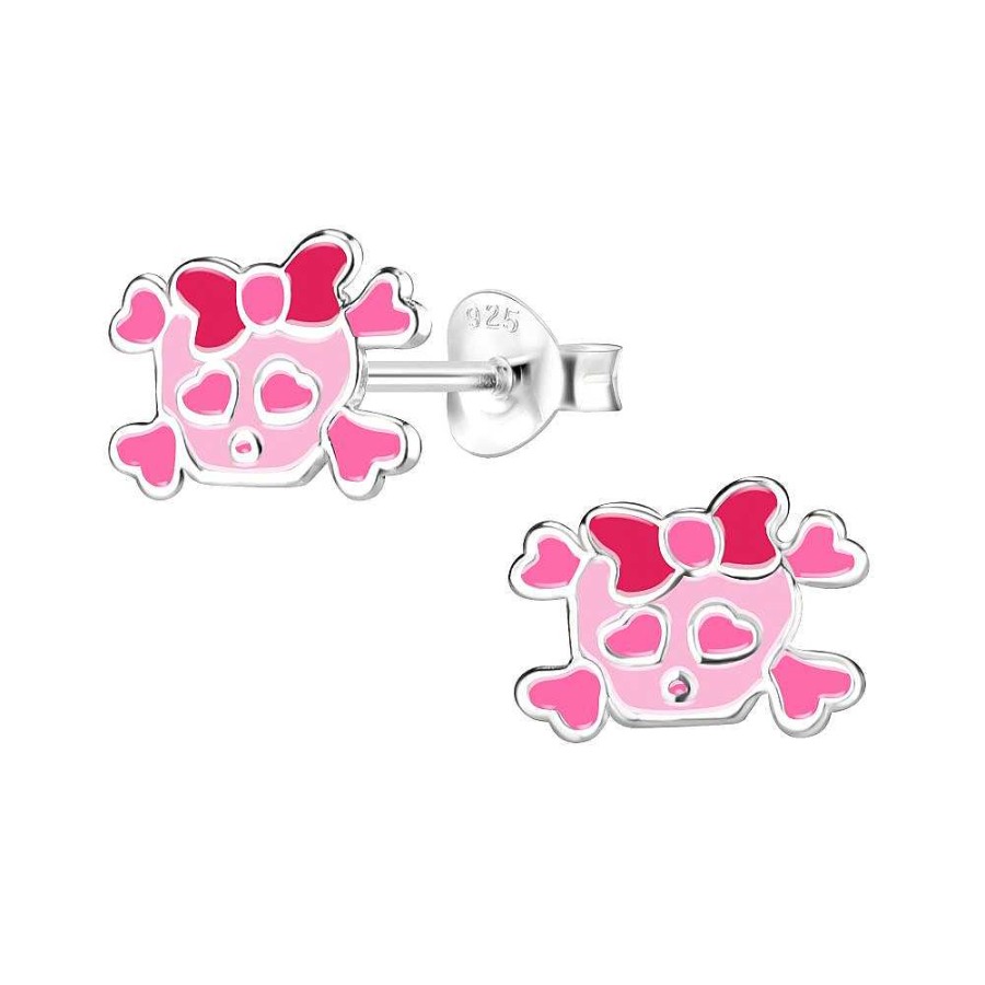 Kids Collectie WeLoveSilver | Zilveren Oorstekers, Roze Doodshoofd Met Strik