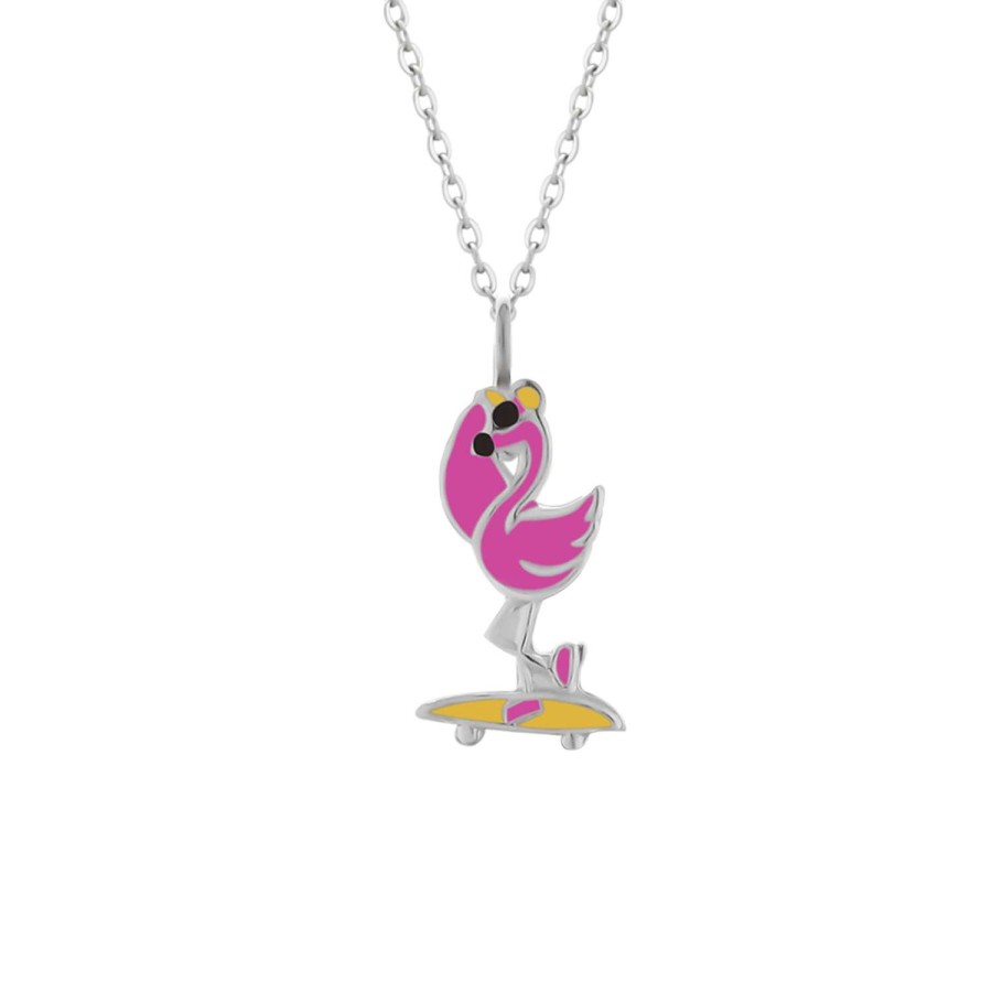 Kids Collectie WeLoveSilver | Zilveren Ketting Met Hanger, Flamingo Op Skateboard