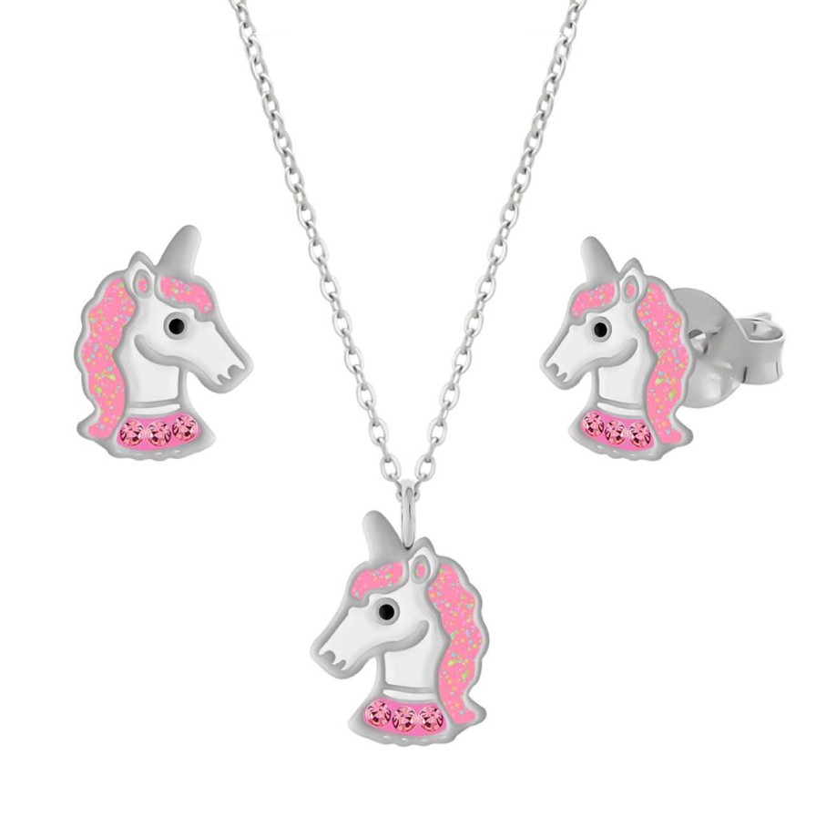 Kids Collectie WeLoveSilver | Set Van Zilveren Ketting En Oorstekers, Roze Eenhoorn Met Kristallen Halsband