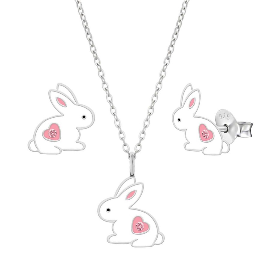 Kids Collectie WeLoveSilver | Set Van Zilveren Ketting En Oorstekers, Konijn Met Roze Hartje Met Kristal