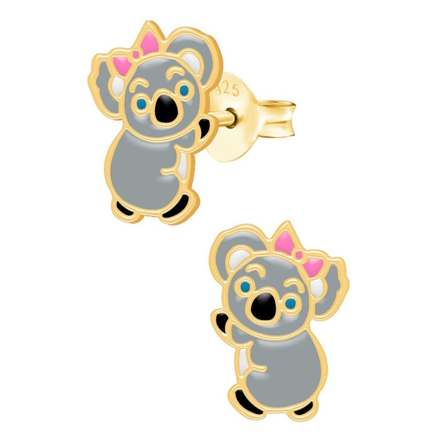 Kids Collectie WeLoveSilver | Gold Plated Oorstekers, Koala Met Roze Strik