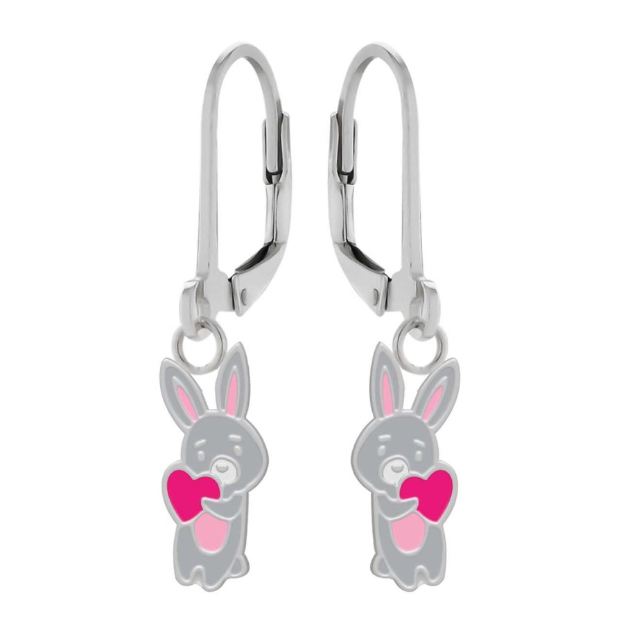 Kids Collectie WeLoveSilver | Zilveren Oorhangers, Grijs Konijn Met Roze Hart