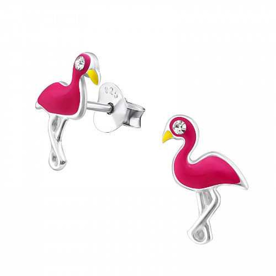 Kids Collectie WeLoveSilver | Zilveren Oorstekers, Flamingo Met Kristal