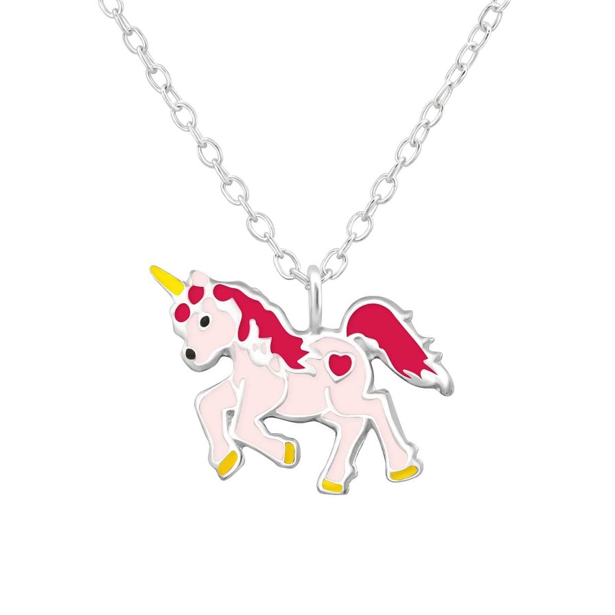 Kids Collectie WeLoveSilver | Zilveren Ketting Met Eenhoorn/Unicorn, Rood En Roze