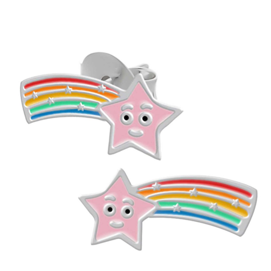 Kids Collectie WeLoveSilver | Zilveren Oorstekers, Roze Staartster Met Regenboogstaart