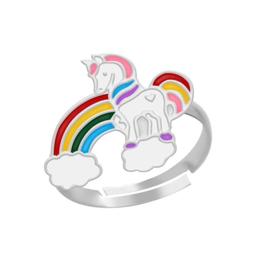 Kids Collectie WeLoveSilver | Zilveren Ring, Eenhoorn Met Regenboog En Wolkjes