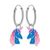 Kids Collectie WeLoveSilver | Zilveren Oorringen Met Hanger, Blauw Eenhoornhoofd Met Roze Manen