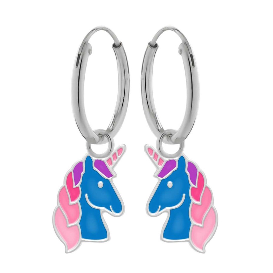 Kids Collectie WeLoveSilver | Zilveren Oorringen Met Hanger, Blauw Eenhoornhoofd Met Roze Manen