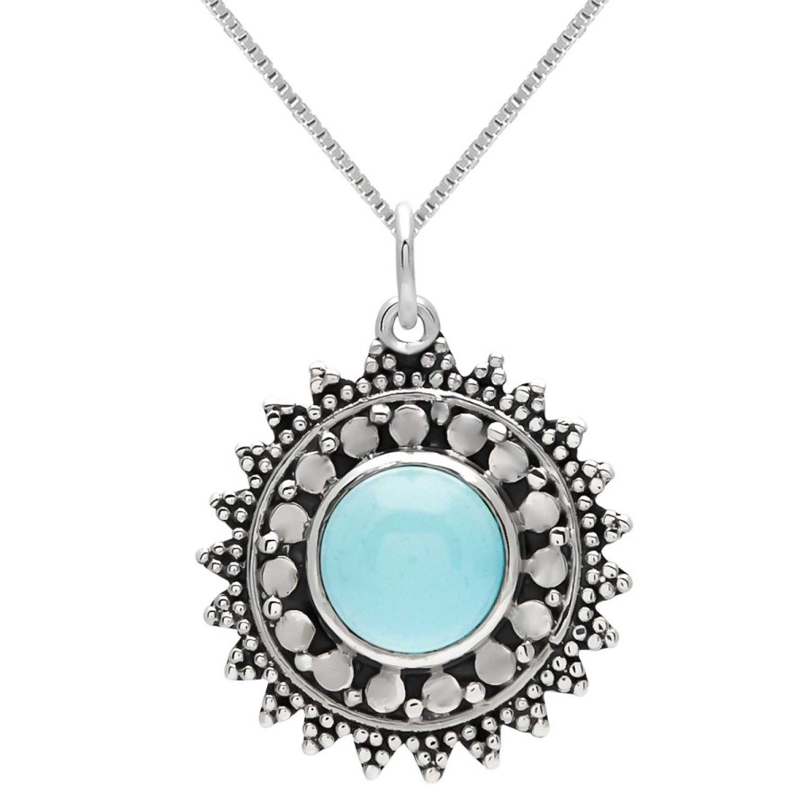 Kettingen WeLoveSilver | Zilveren Ketting Met Hanger, Zon Met Turquoise Steen En Rijk Bewerkte Rand